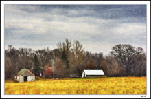 A Timeless Farm Scene Between Layers Of Pewter And Gold